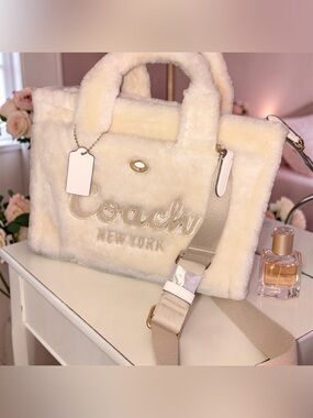 Coach Cream Shearling Tote with Gold Accents